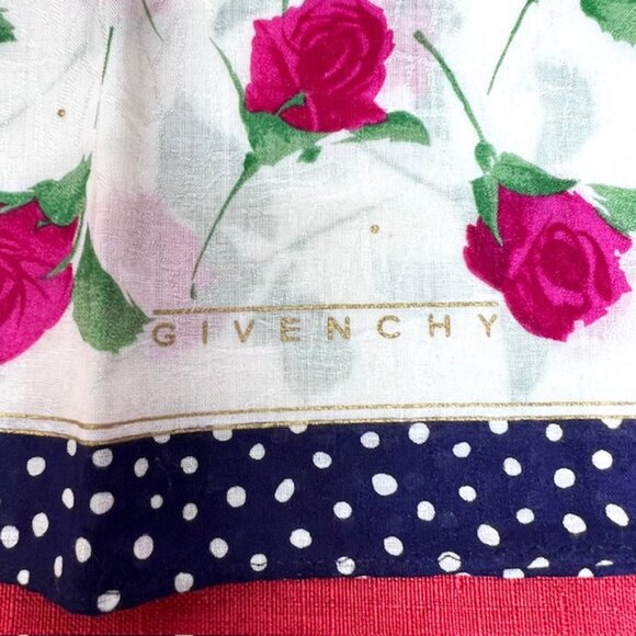 New Unused Givenchy  WOMEN Mini Scarf cotton 18"  black white dott red roses(95 - Picture 7 of 7